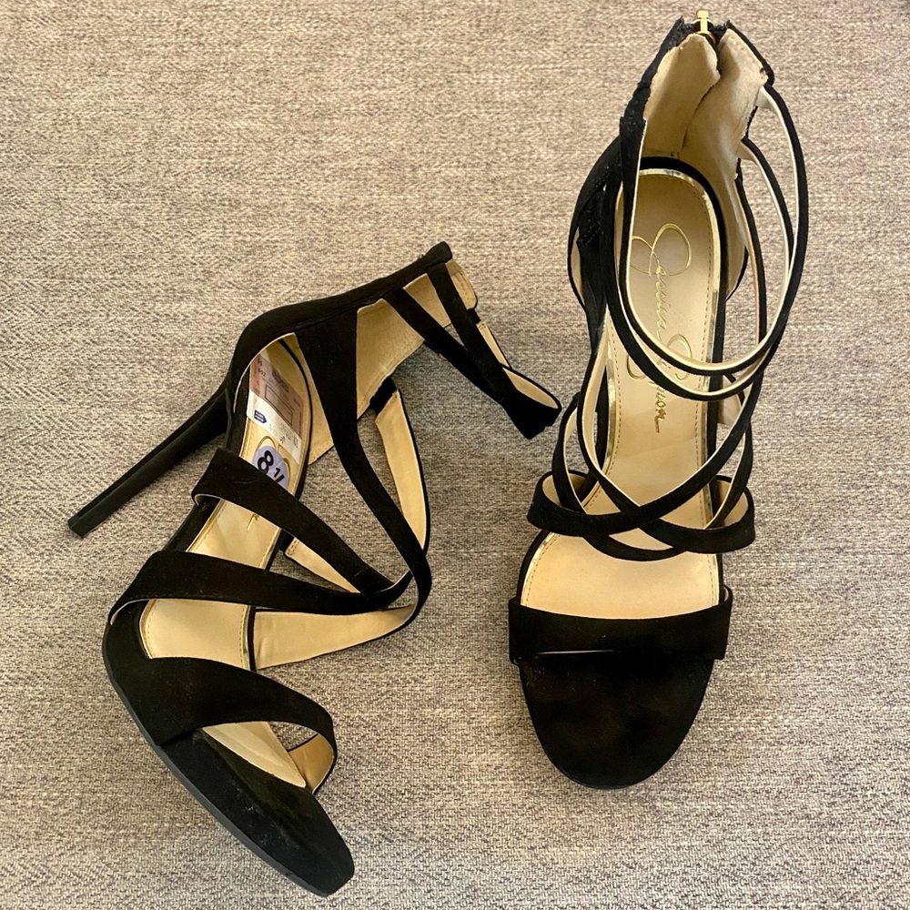 Black strapping stiletto high heels Jessica Simpson sz 8.5